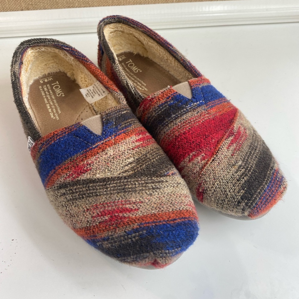 Toms Southwestern Red Tan Wool Blend Sherpa Lined Alpargata Flats Shoes Size 8.5
